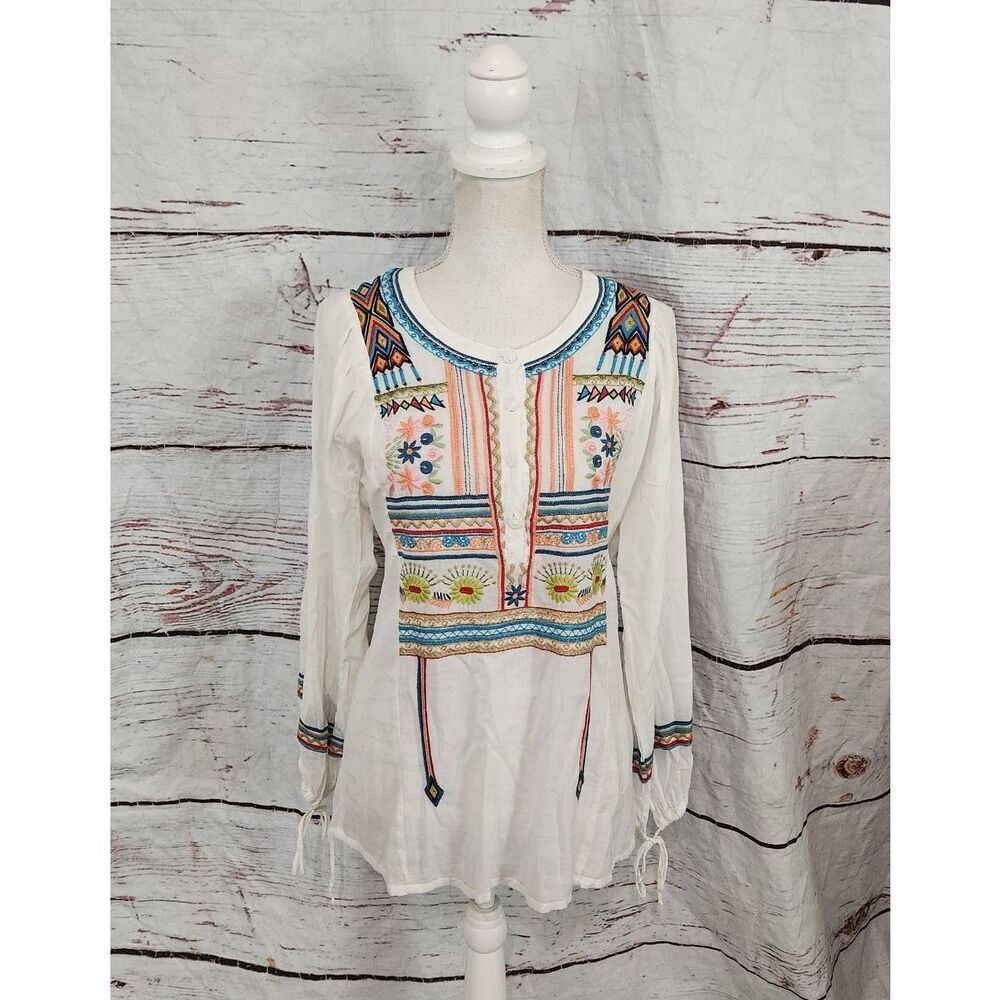 Johnny Was White Embroidered Peasant Blouse with Multicolor Accents